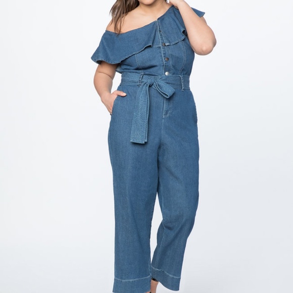 Eloquii Pants - Plus Size One Shoulder Denim Jumpsuit